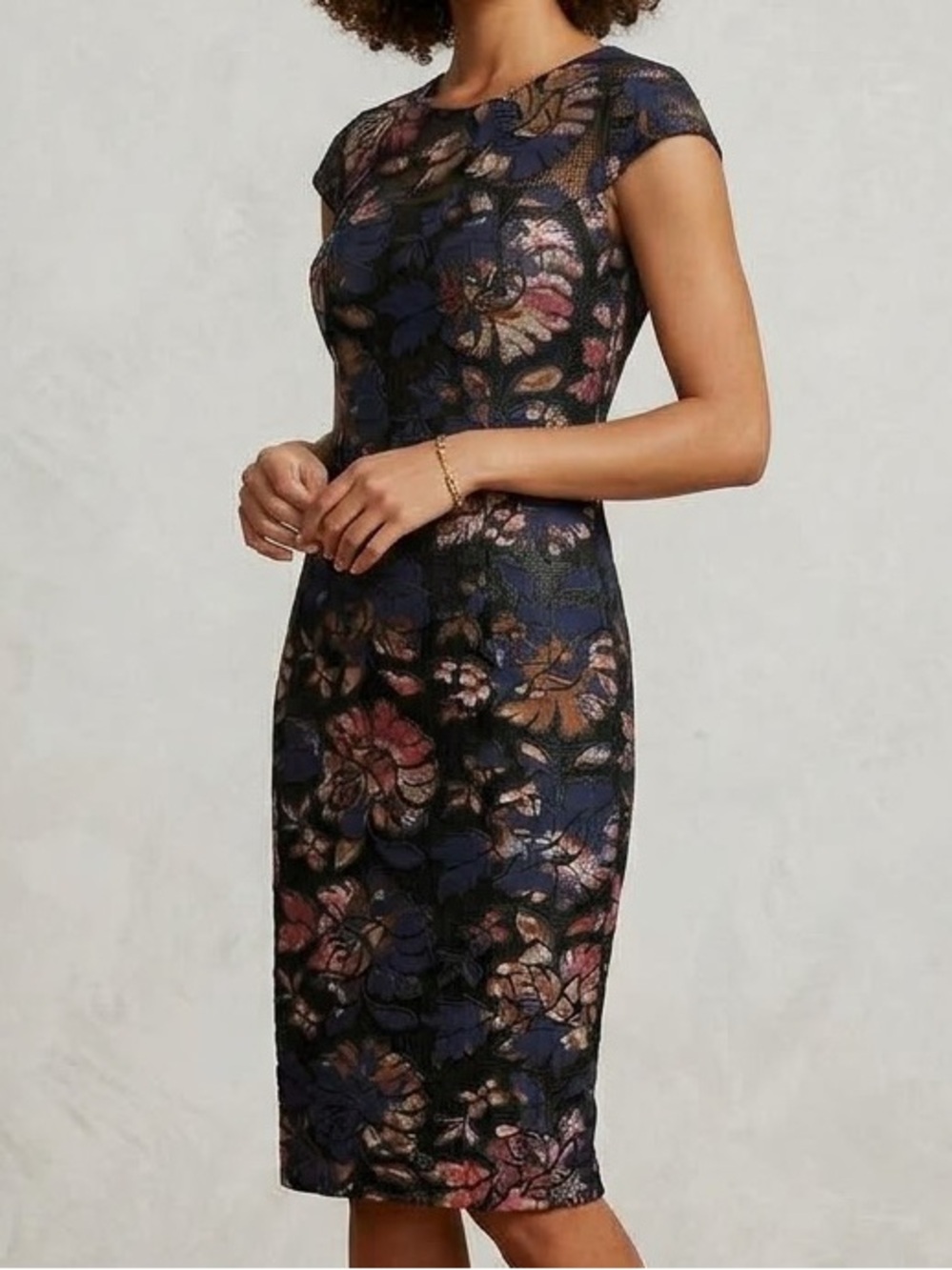 David Meister floral mesh short sleeve scoop neck midi dress